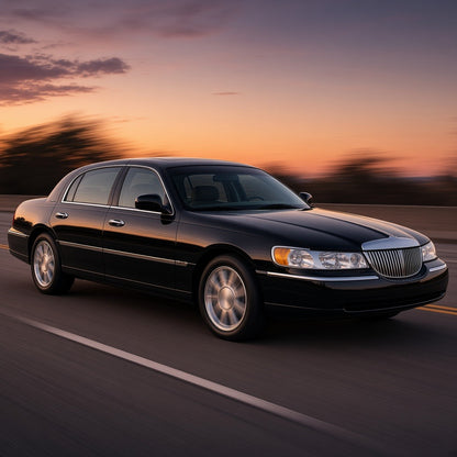 Black 1998-2002 Lincoln Town Car driving fast on the highway at dusk