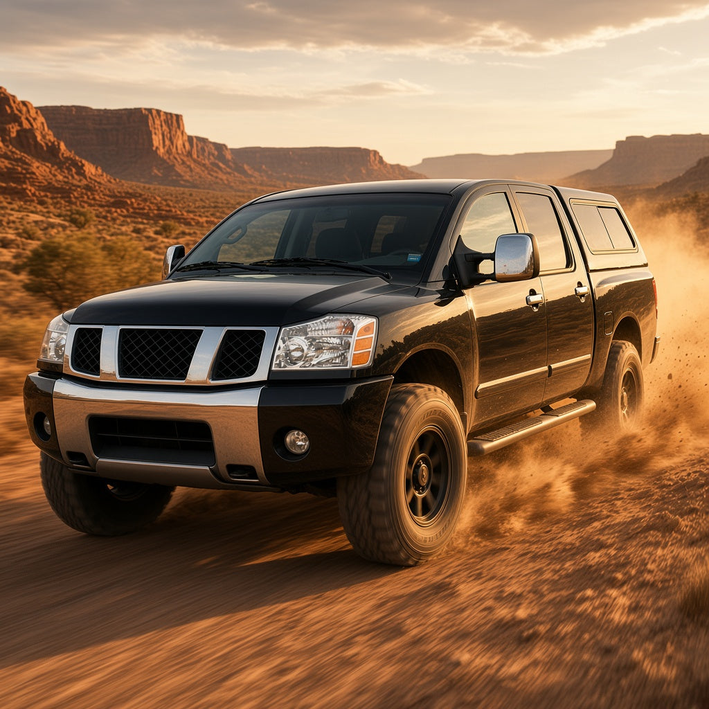 Black Nissan Titan driving off-road in the desert