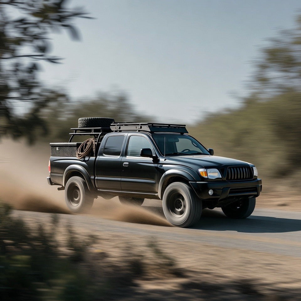 Black Toyota Tacoma driving fast on a dirt road