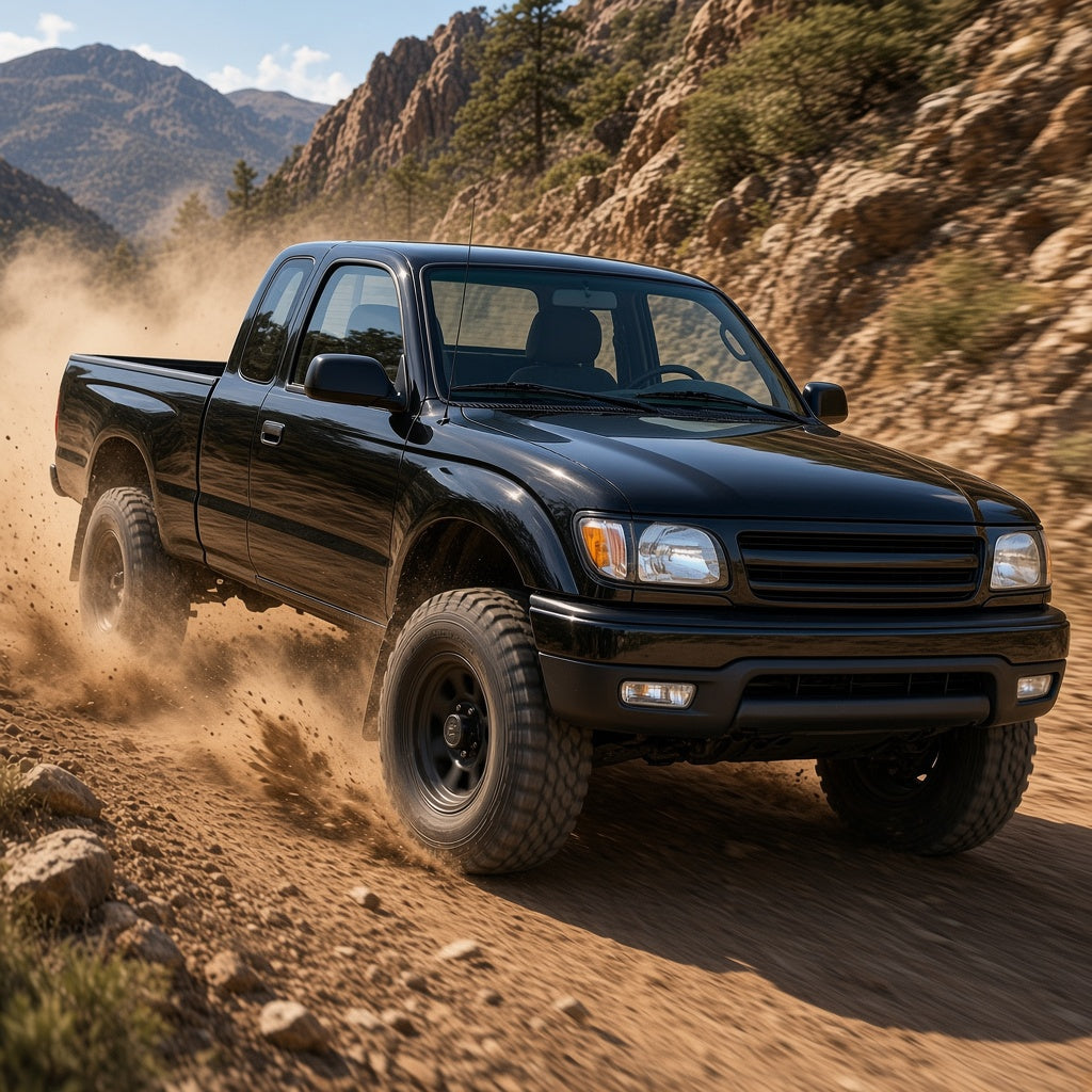Black Toyota Tacoma driving on a rocky off-road mountain trail