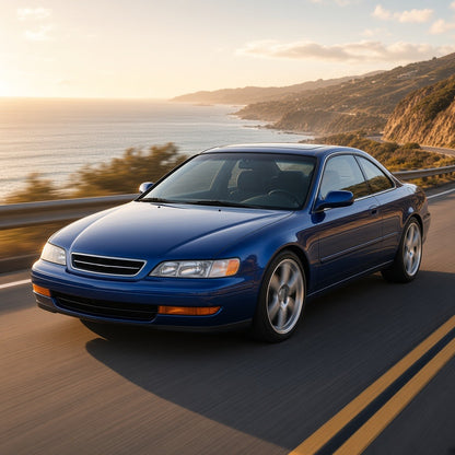 Blue 1997-1999 Acura CL coupe driving fast on a coastal highway