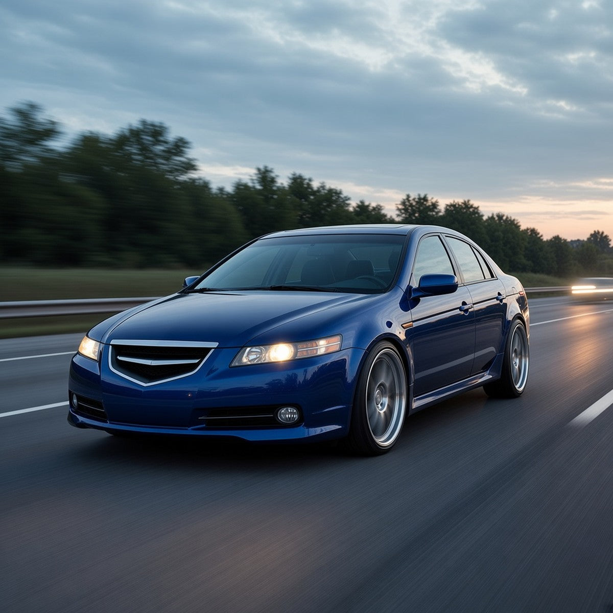 Blue Acura TL 2004-2008 sedan with large aftermarket wheels driving fast