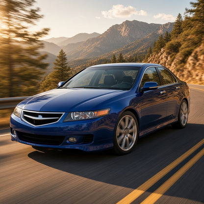 Blue 2006-2008 Acura TSX sedan driving fast on a mountain road