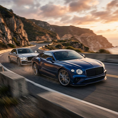 Blue Bentley Continental GT and silver Flying Spur driving fast on a coastal road
