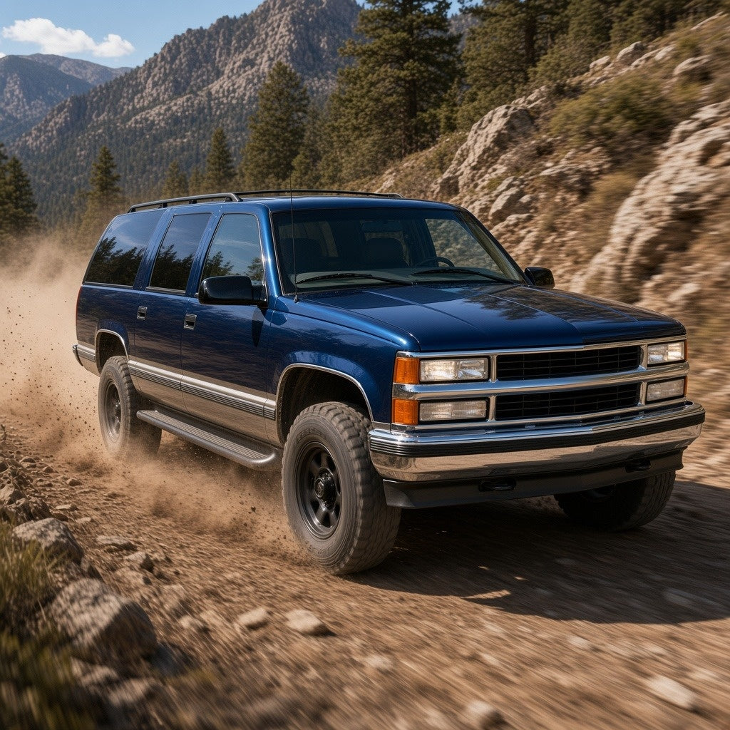 Blue Chevrolet Suburban driving off-road on a mountain trail