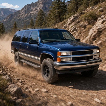Blue Chevrolet Suburban driving off-road on a mountain trail