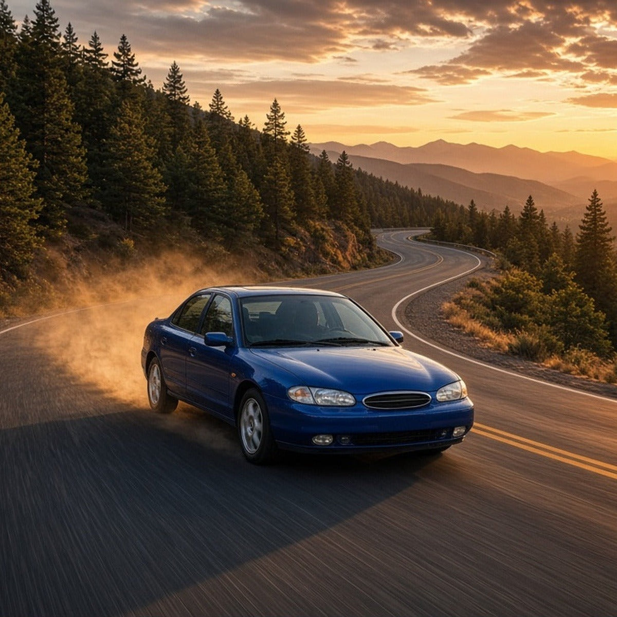 Blue Ford Contour sedan driving fast on a mountain road at sunset