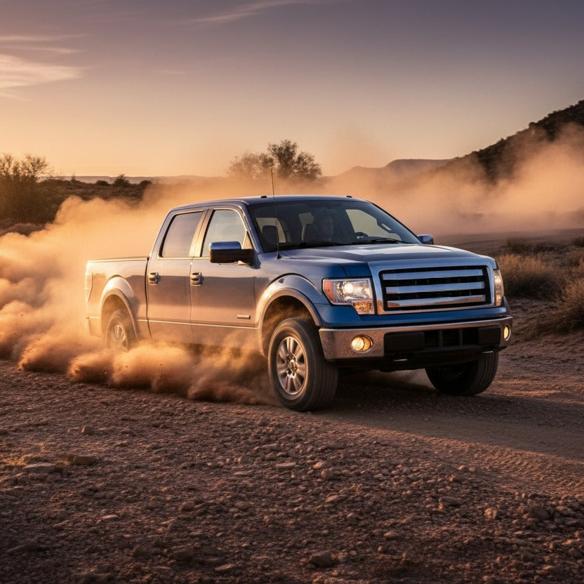 Blue Ford F-150 driving off-road in the desert