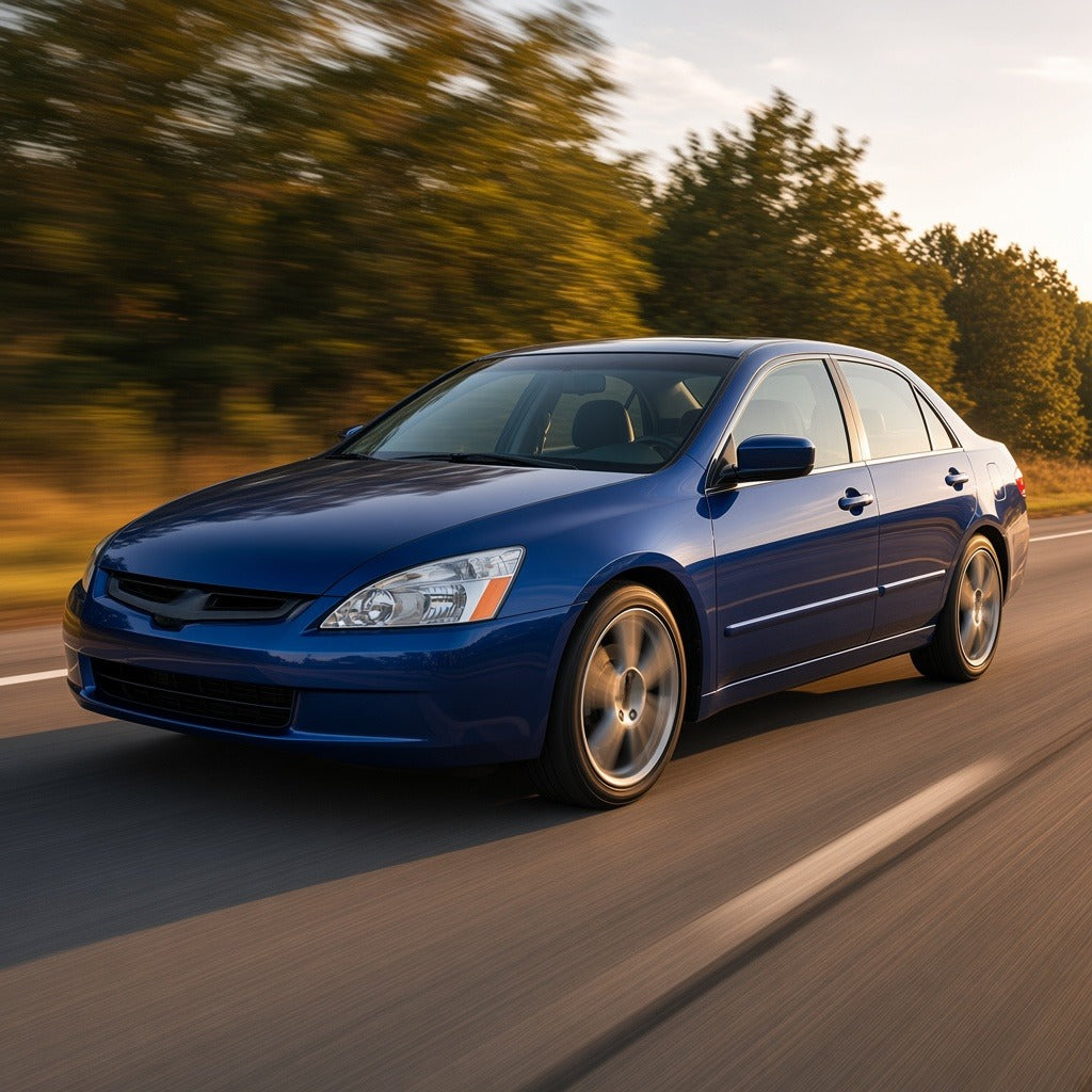 Blue 2003-2006 Honda Accord sedan driving fast on the highway