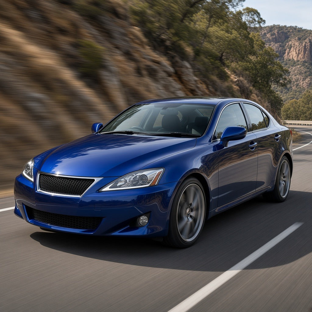 Blue Lexus IS 250 sedan driving on a canyon road