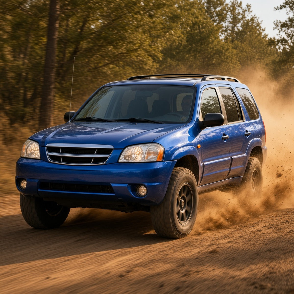 Blue first-generation Mazda Tribute with black off-road wheels kicking up dust on a forest dirt road