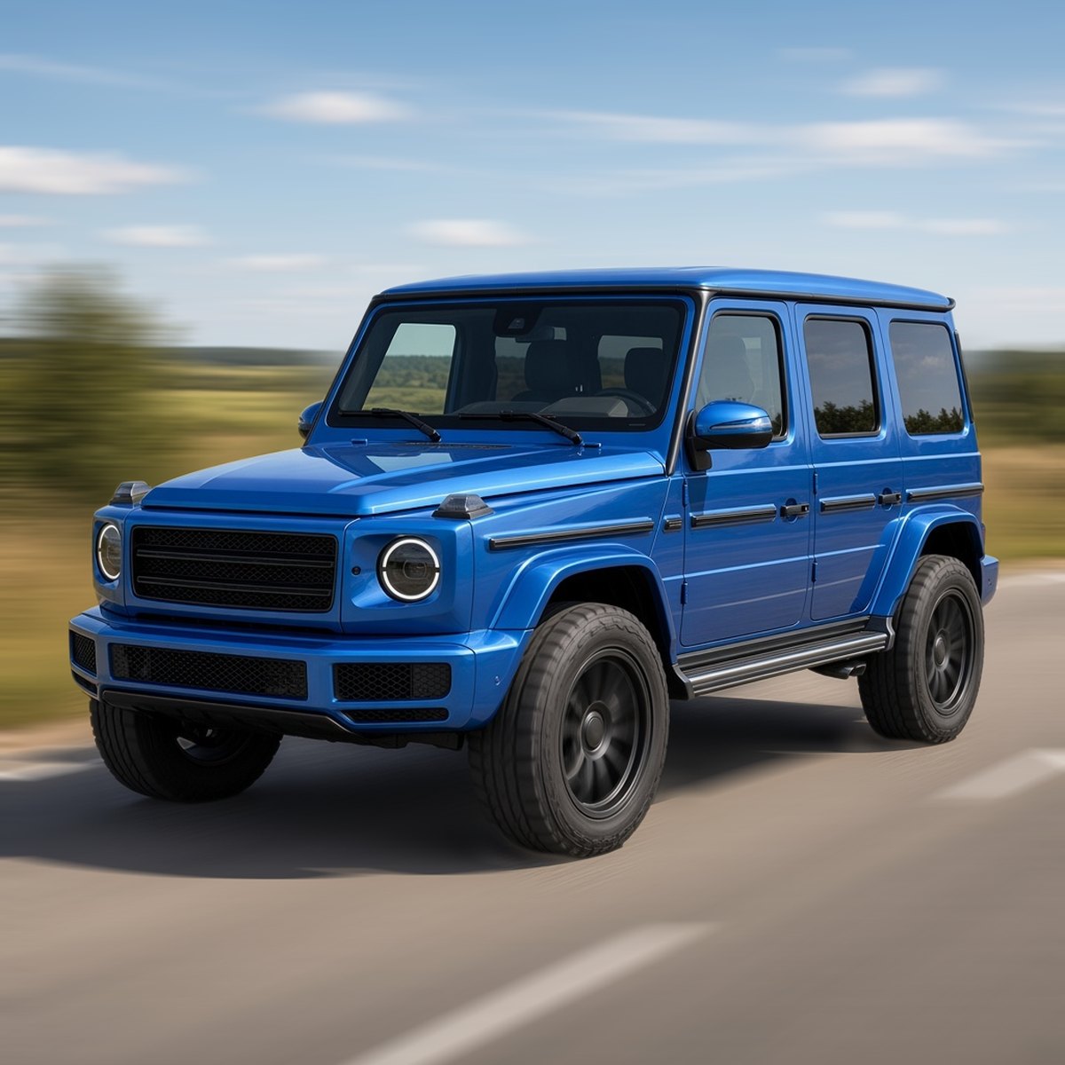 Blue Mercedes-Benz G-Class SUV with off-road wheels driving fast