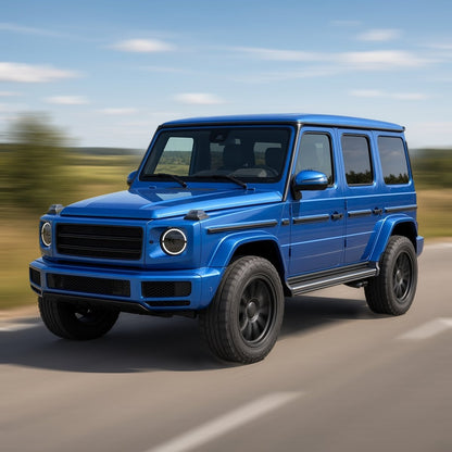 Blue Mercedes-Benz G-Class SUV with off-road wheels driving fast
