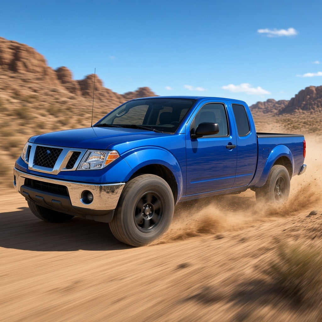Blue Nissan Frontier driving fast off-road