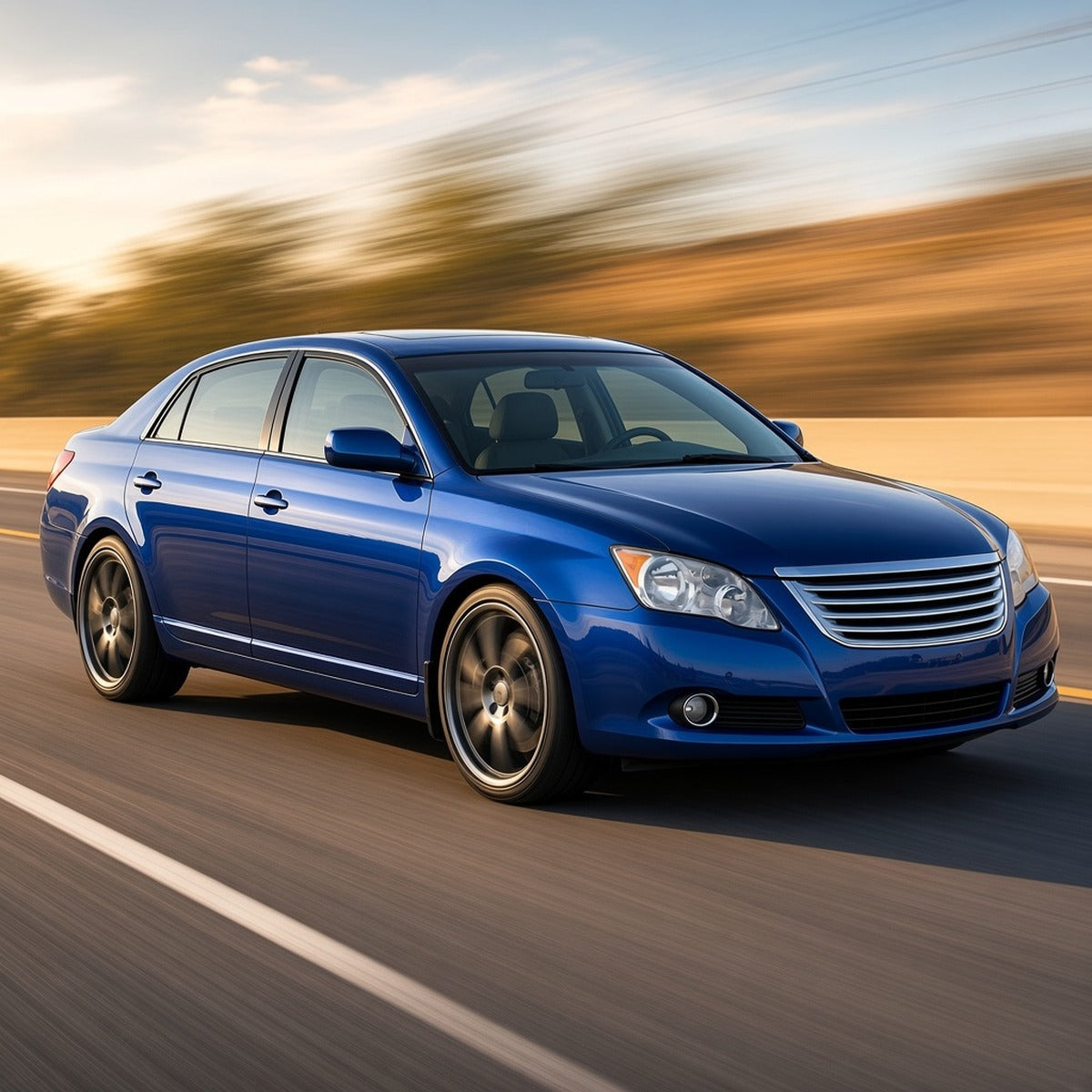 Blue 2008-2010 Toyota Avalon sedan with large aftermarket wheels driving fast on a highway