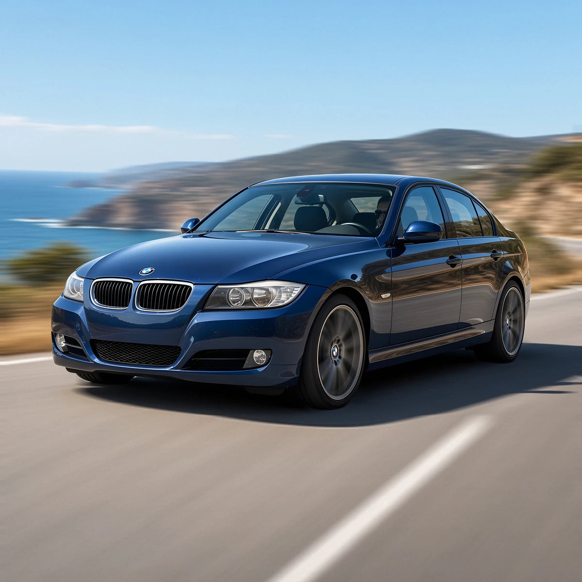 Blue 2009-2011 BMW 328i E90 sedan with large sport wheels driving fast on a coastal road