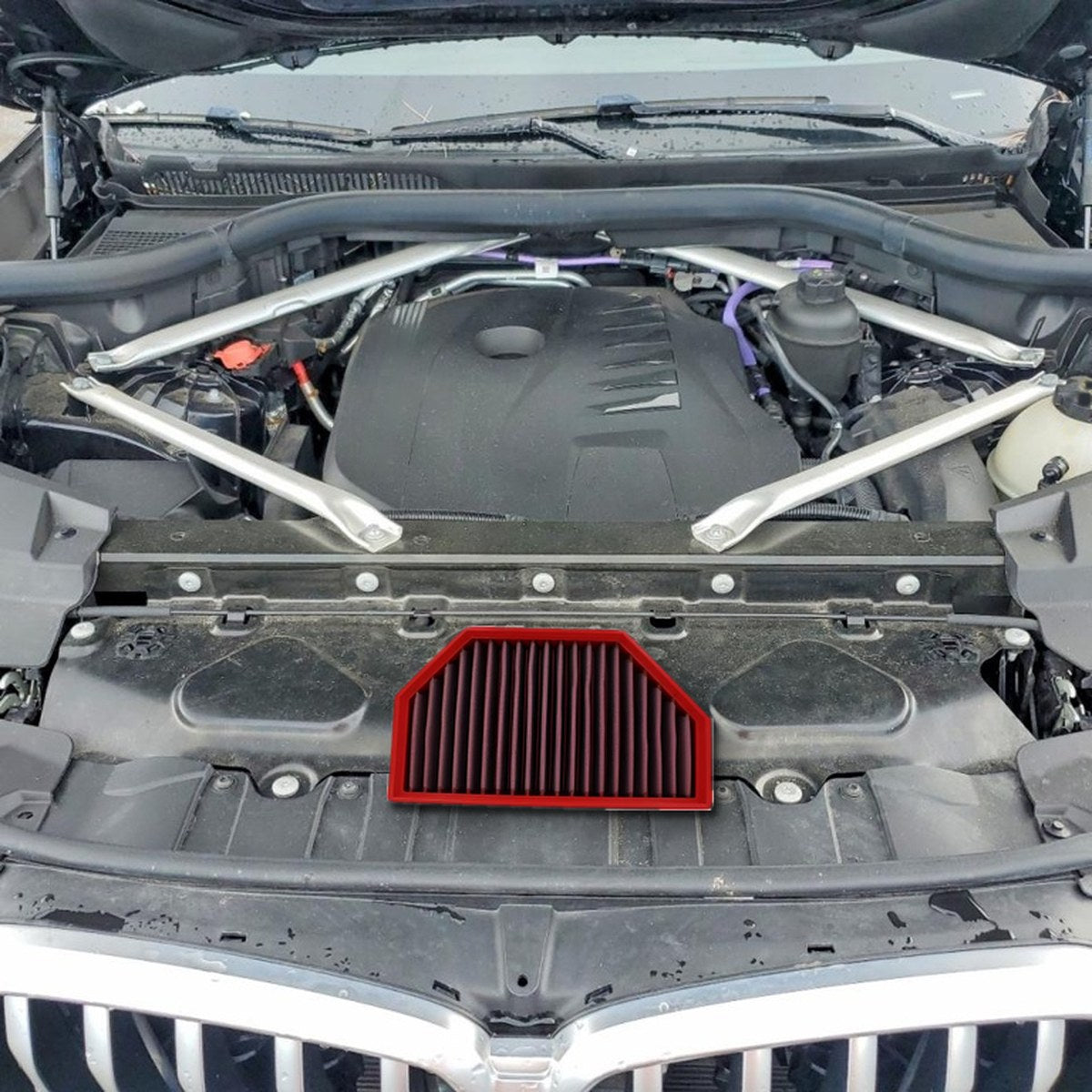 BMW X6 3.0 turbo engine bay with BMC air filter that fits it