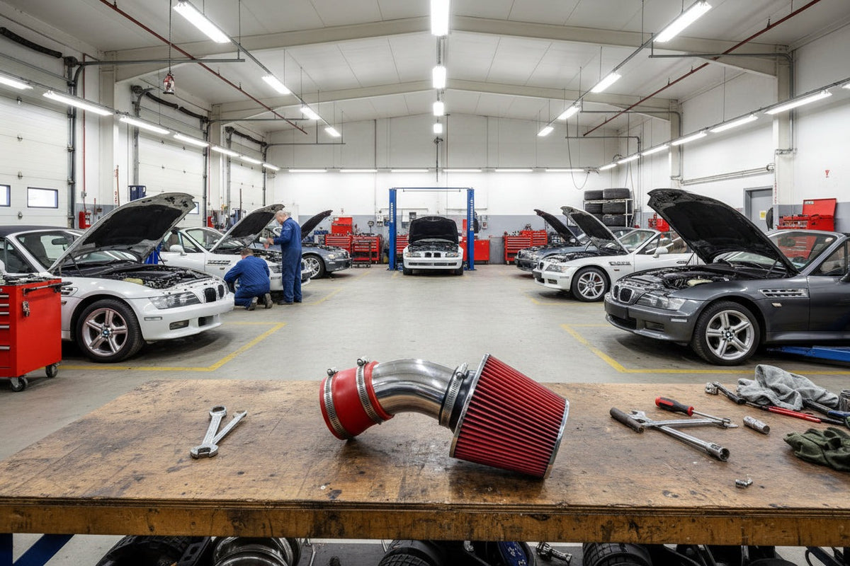 Cold air intake on the workbench in a BMW Z3 workshop