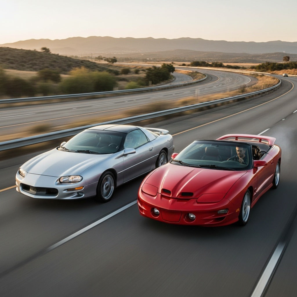 Camaro and Firebird driving on a highway