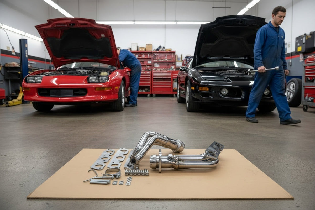 Red Camaro and black Firebird in a workshop with the stainless headers kit on the floor