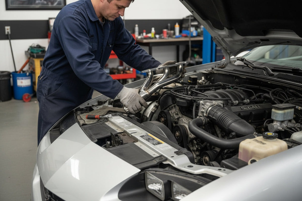 Mechanic installing headers on a Camaro