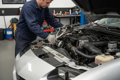 Mechanic installing headers on a Camaro