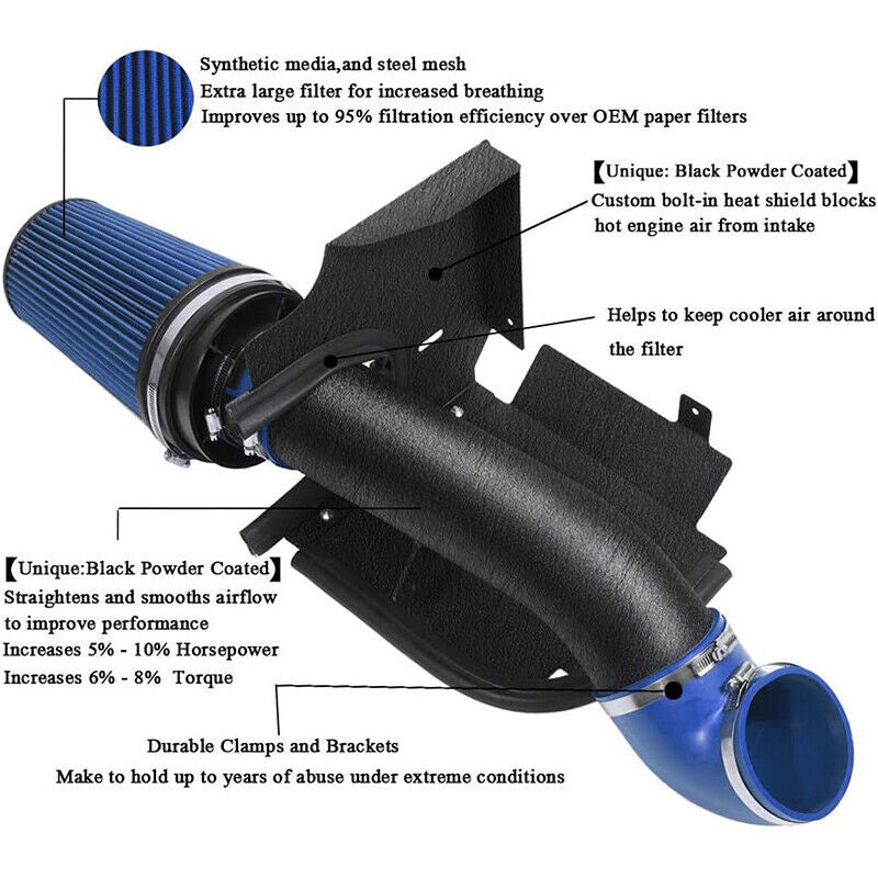 Cold Air Intake for GMC/Chevy (1999-2006) V8 4.8L/5.3L/6.0L Engines Black Coated Blue