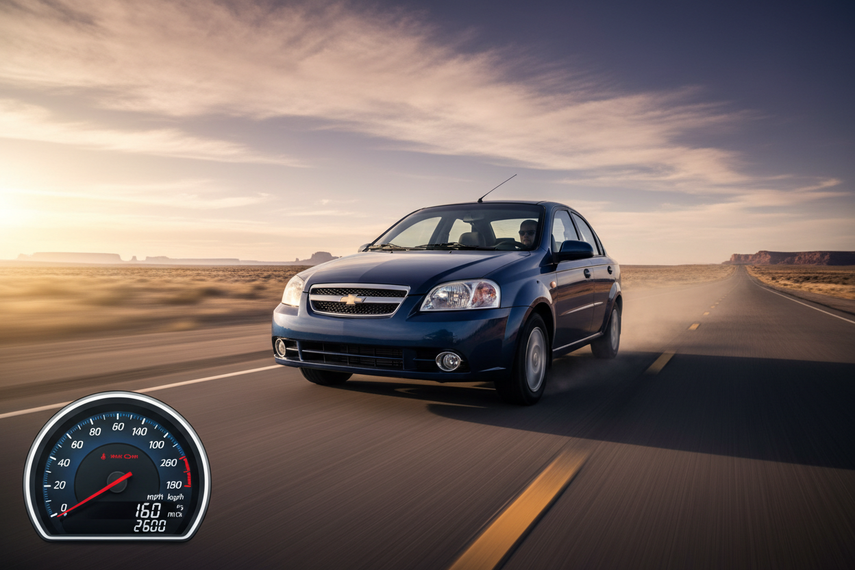 Chevrolet Aveo (2004-2008) driving fast showing speed
