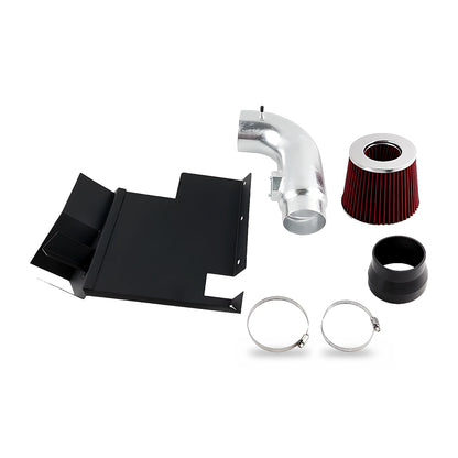 Cold air intake kit for 2007-2011 BMW 128i, 328i and 330i 3.0L inline-6 - polished aluminum intake pipe, red cone air filter, black steel heat shield, reducer coupler and hose clamps