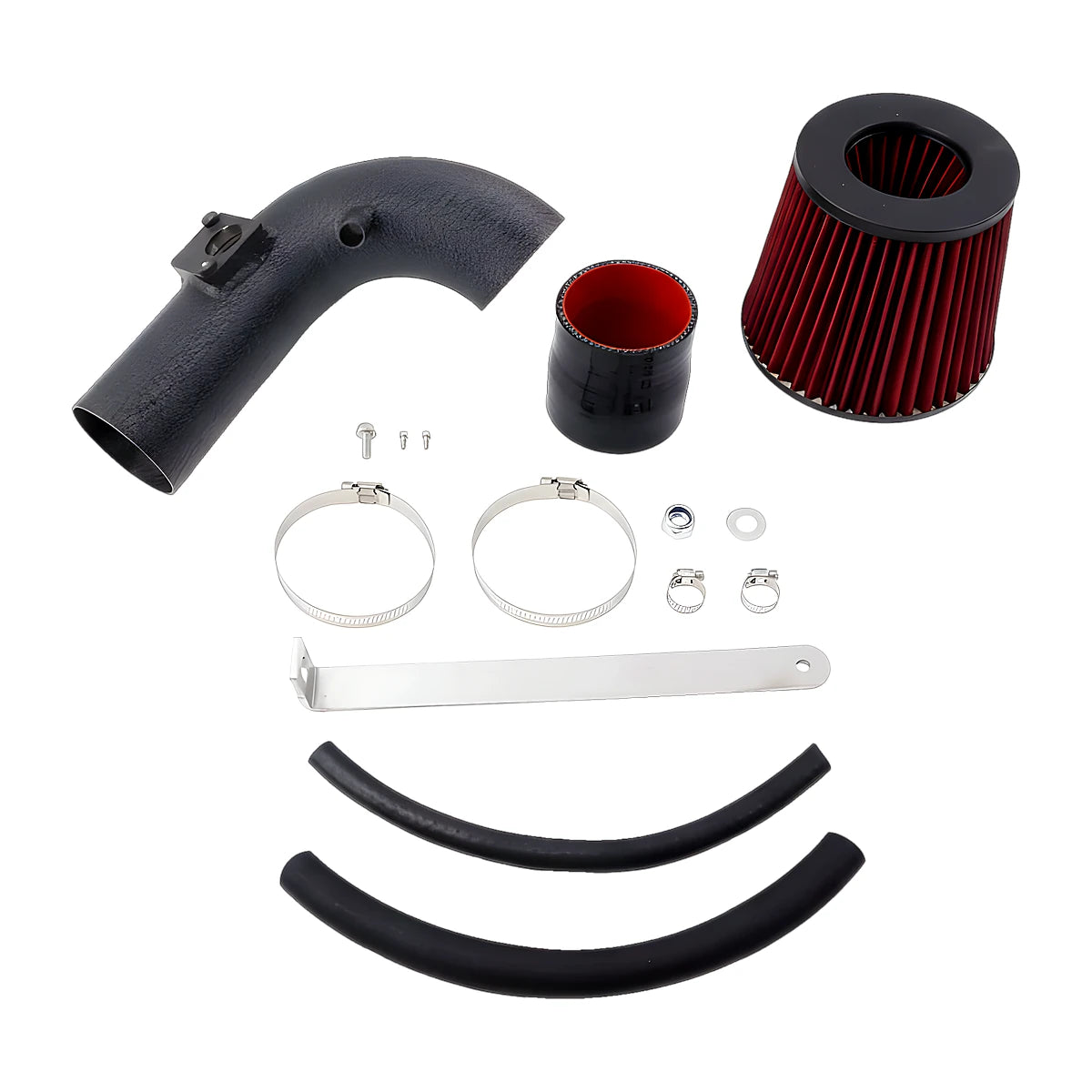 Cold air intake kit contents for 2012-2015 Civic Si and Acura ILX: intake tube, filter, silicone coupler, clamps, bracket and hoses