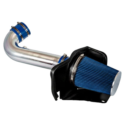 Blue cold air intake with heat shield for 2011-2019 Dodge Durango 5.7L HEMI - polished aluminum tube, blue silicone couplers, cone filter and black heat shield