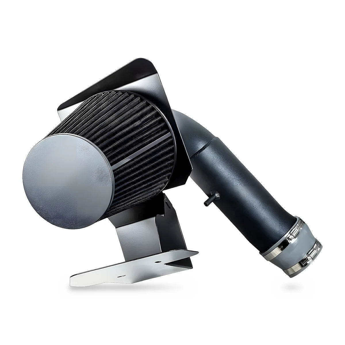 Cold air intake kit for 2011-2018 Ford Explorer 3.5L V6 non-turbo with black cone air filter, heat shield and textured black aluminum intake pipe