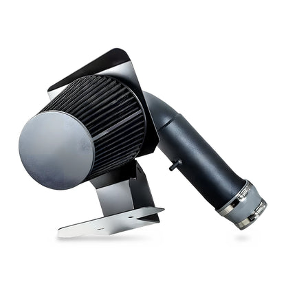 Cold air intake kit for 2011-2018 Ford Explorer 3.5L V6 non-turbo with black cone air filter, heat shield and textured black aluminum intake pipe