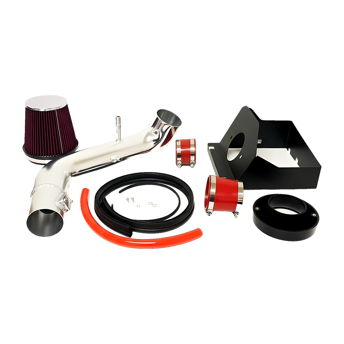 2011-2014 Ford F-150 5.0L V8 cold air intake kit contents: polished intake tube, red cone filter, heat shield, silicone couplers, clamps and hardware