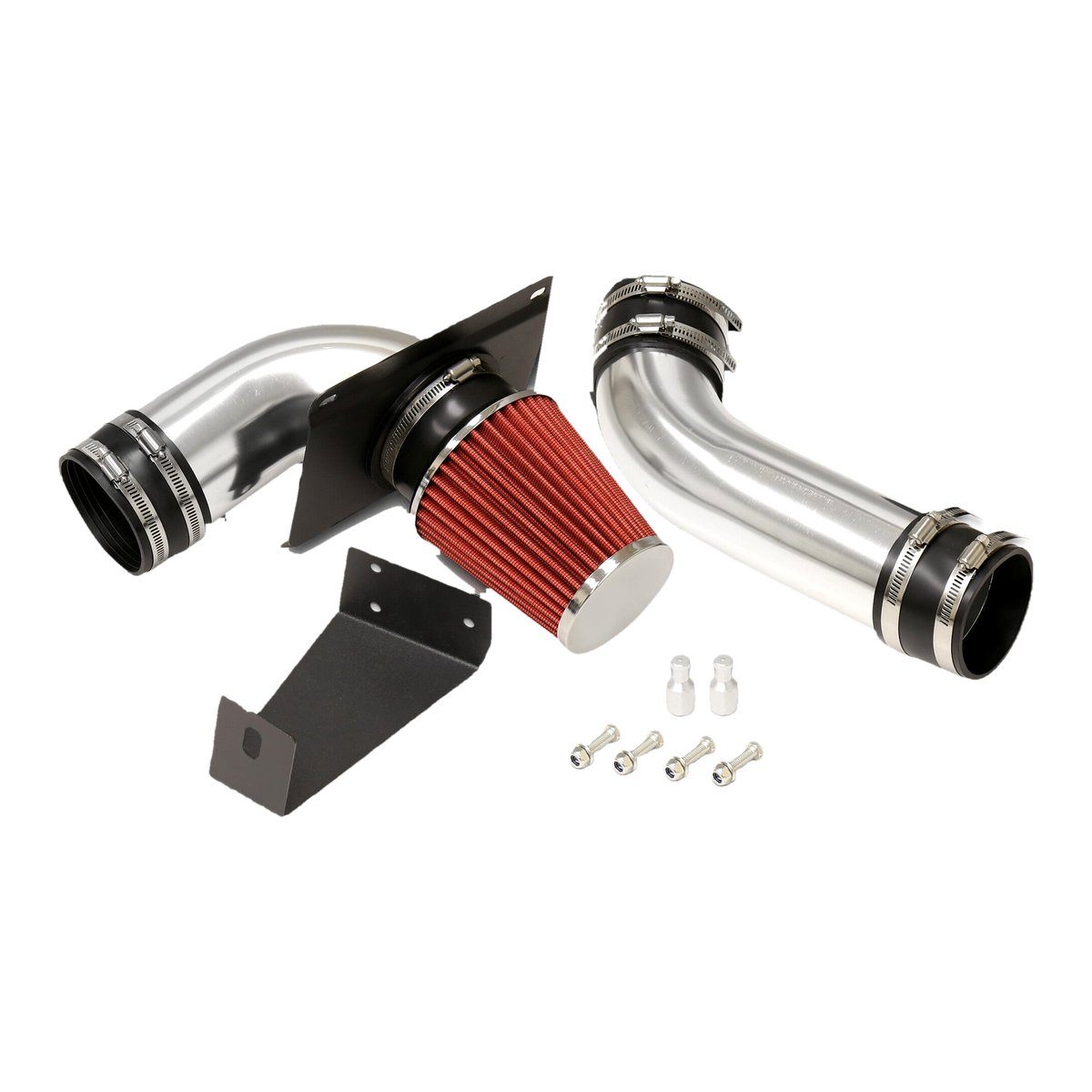 Cold air intake kit for 1989-1993 Ford Mustang LX GT 5.0L V8, polished aluminum tubes, heat shield and red cone filter