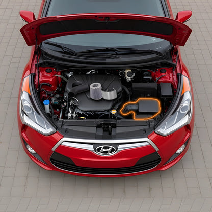 Cold air intake kit on top of a 2012-2013 Hyundai Veloster 1.6L engine bay, stock airbox and intake tube highlighted for replacement