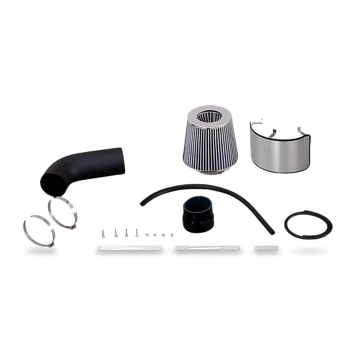 Cold air intake kit for 2012-2013 Hyundai Veloster and Accent 1.6L - black intake pipe, chrome cone air filter, stainless heat shield, coupler, hose, clamps and hardware on white