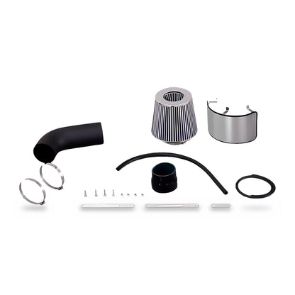 Cold air intake kit for 2012-2013 Hyundai Veloster and Accent 1.6L - black intake pipe, chrome cone air filter, stainless heat shield, coupler, hose, clamps and hardware on white