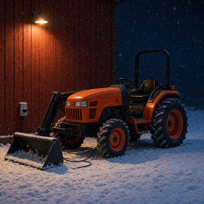 Compact tractor parked in snow at night with its engine block heater cord plugged into a barn outlet