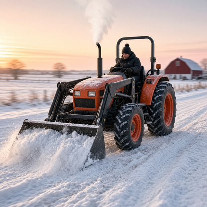 Orange compact tractor with front loader clearing snow on a farm lane at dawn