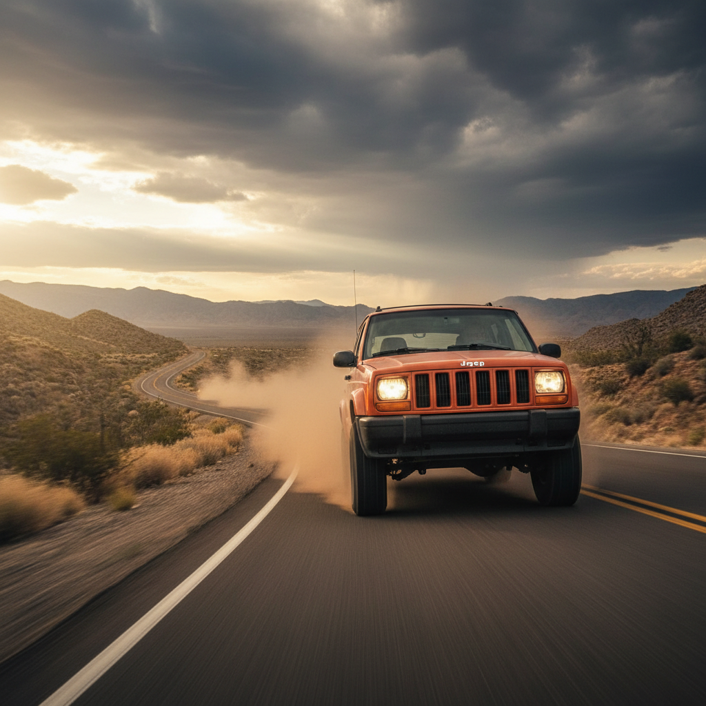 create a square image of 1999 Jeep Cherokee 4.0L driving fast on open road with excitement