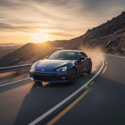 create a square image of 2020 Subaru BRZ with 2.0L on the open road driving fast with excitement