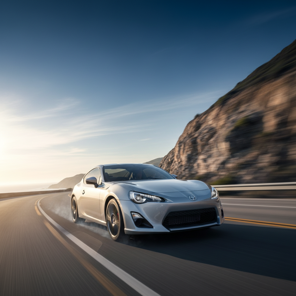 create a square image of 2020 Toyota 86 on the open road, driving fast with excitement