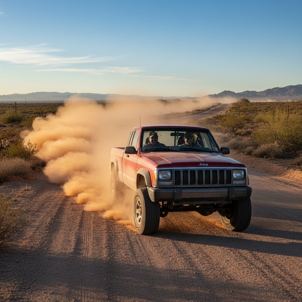 create a square image of a 1992 4.0L Jeep Comanche on the open road, driving with excitement