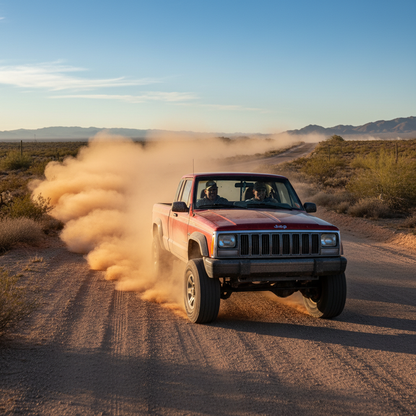 create a square image of a 1992 4.0L Jeep Comanche on the open road, driving with excitement