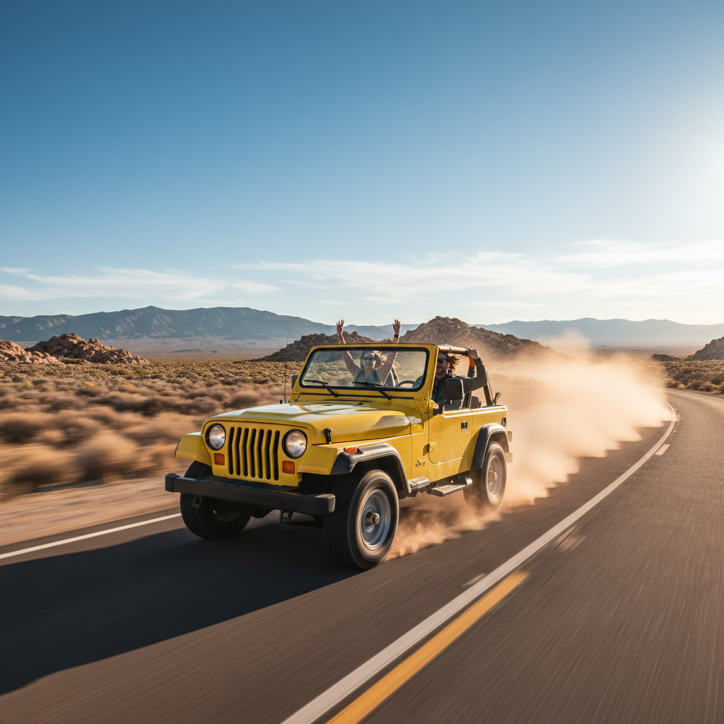 create a square image of a 1995 Jeep Wrangler 4.0L Inline-6 driving on the open road showing excitement