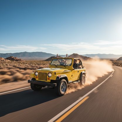 create a square image of a 1995 Jeep Wrangler 4.0L Inline-6 driving on the open road showing excitement