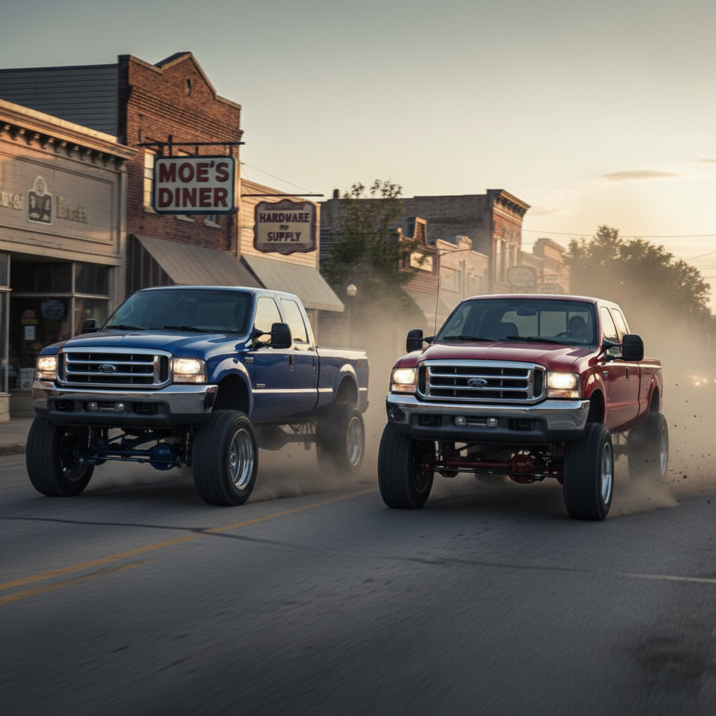 create a square image of a 2003 Ford F250 and F350 7.3L Powerstroke trucks side by side, driving fast in the small town road, showing excitement