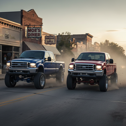 create a square image of a 2003 Ford F250 and F350 7.3L Powerstroke trucks side by side, driving fast in the small town road, showing excitement