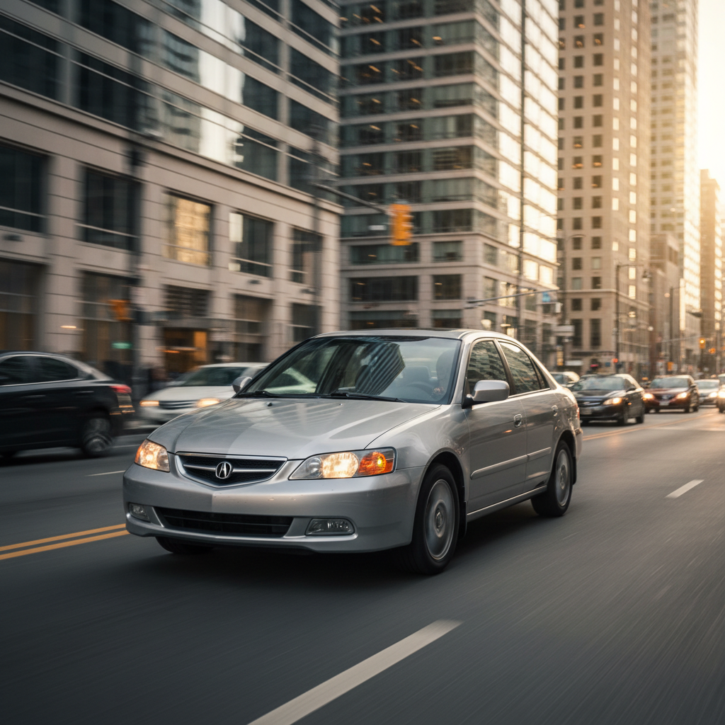 Create a square image of a Acura EL 2005 1.7L l4 driving through the city showing excitement